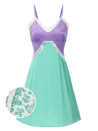 [Prévente] Robe de nuit à bretelles patchwork en dentelle verte et violette années 1950