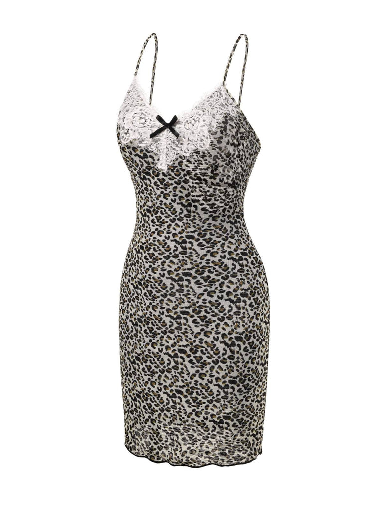 [Prévente] Chemise de nuit à bretelles en dentelle léopard marron des années 1970