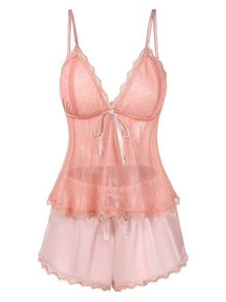 Ensemble de pyjama en satin et dentelle rose à pois des années 1950