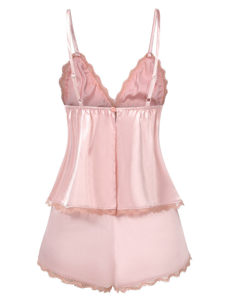 Ensemble de pyjama en satin et dentelle rose à pois des années 1950