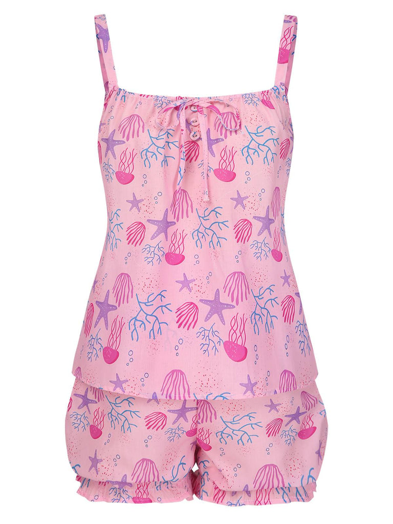[Prévente] Ensemble pyjama rose avec nœud et animaux marins années 60