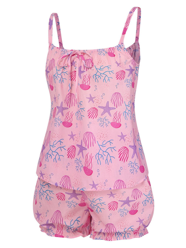 [Prévente] Ensemble pyjama rose avec nœud et animaux marins années 60