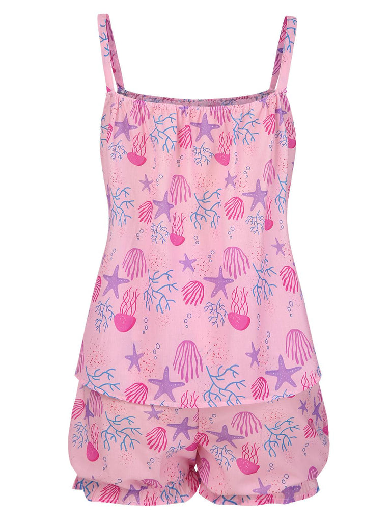 [Prévente] Ensemble pyjama rose avec nœud et animaux marins années 60