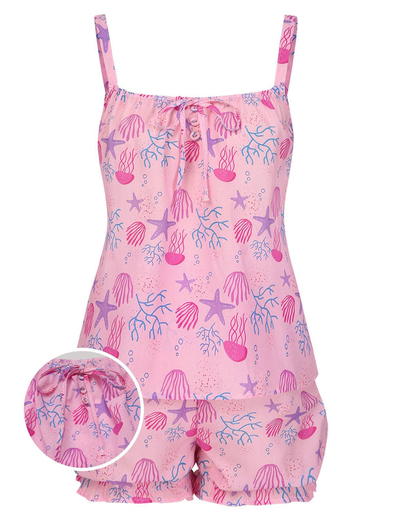 [Prévente] Ensemble pyjama rose avec nœud et animaux marins années 60