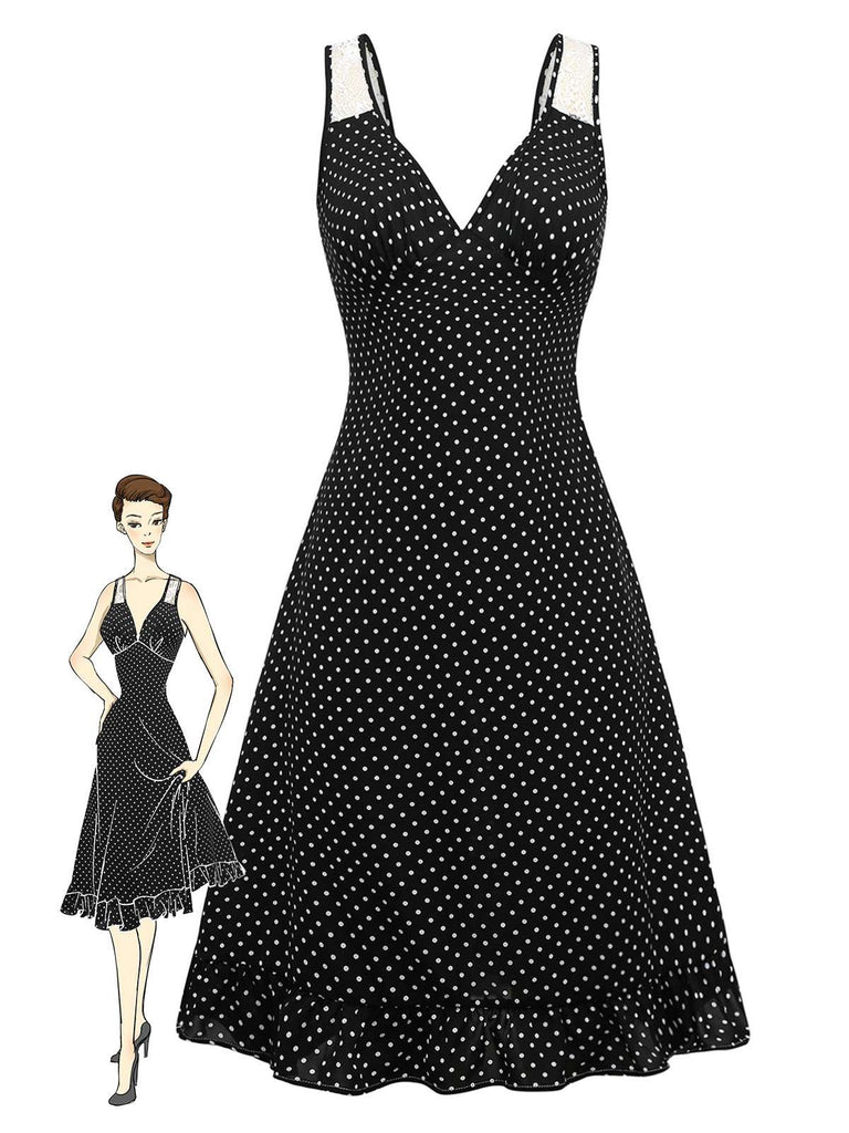 [Prévente] Chemise de nuit noire à pois à volants et bretelles en dentelle des années 1950