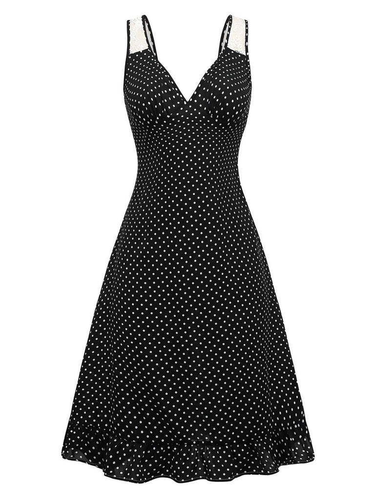 [Prévente] Chemise de nuit noire à pois à volants et bretelles en dentelle des années 1950