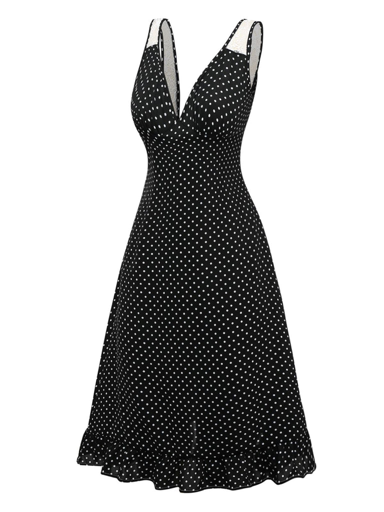 [Prévente] Chemise de nuit noire à pois à volants et bretelles en dentelle des années 1950