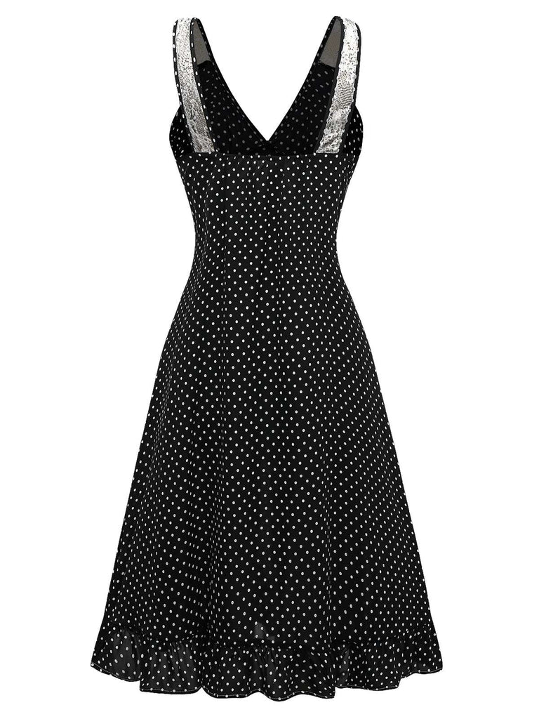 [Prévente] Chemise de nuit noire à pois à volants et bretelles en dentelle des années 1950
