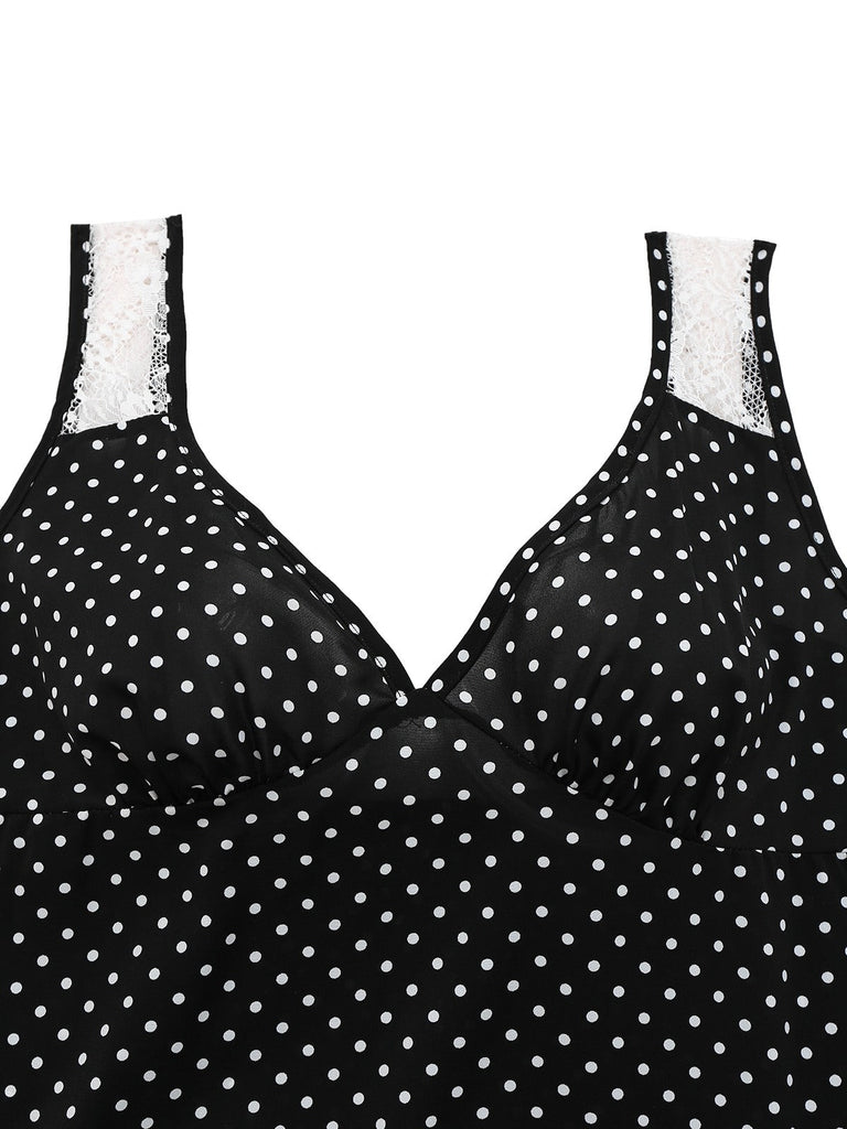 [Prévente] Chemise de nuit noire à pois à volants et bretelles en dentelle des années 1950