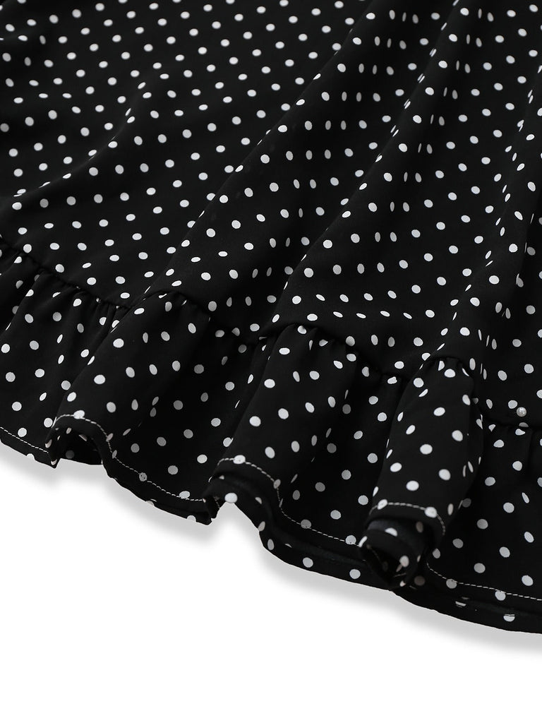 [Prévente] Chemise de nuit noire à pois à volants et bretelles en dentelle des années 1950