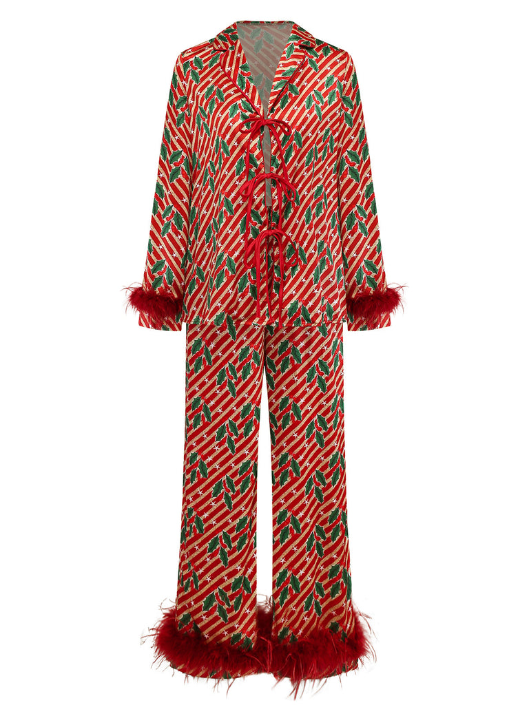 [Pré-vente] Ensemble pyjama rouge hollies et sucres d'orge avec plumes années 1950