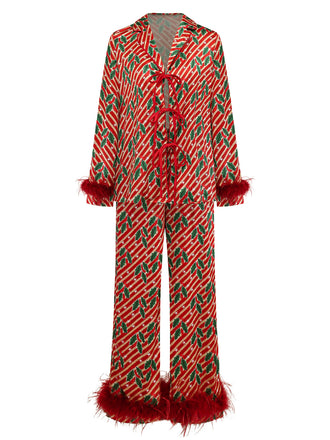 [Pré-vente] Ensemble pyjama rouge hollies et sucres d'orge avec plumes années 1950