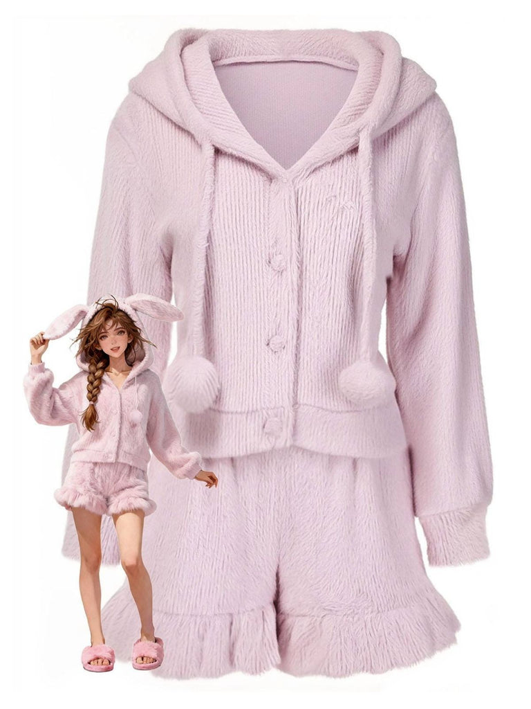 [Prévente] Pyjama à capuche rose avec oreilles de lapin en peluche années 50