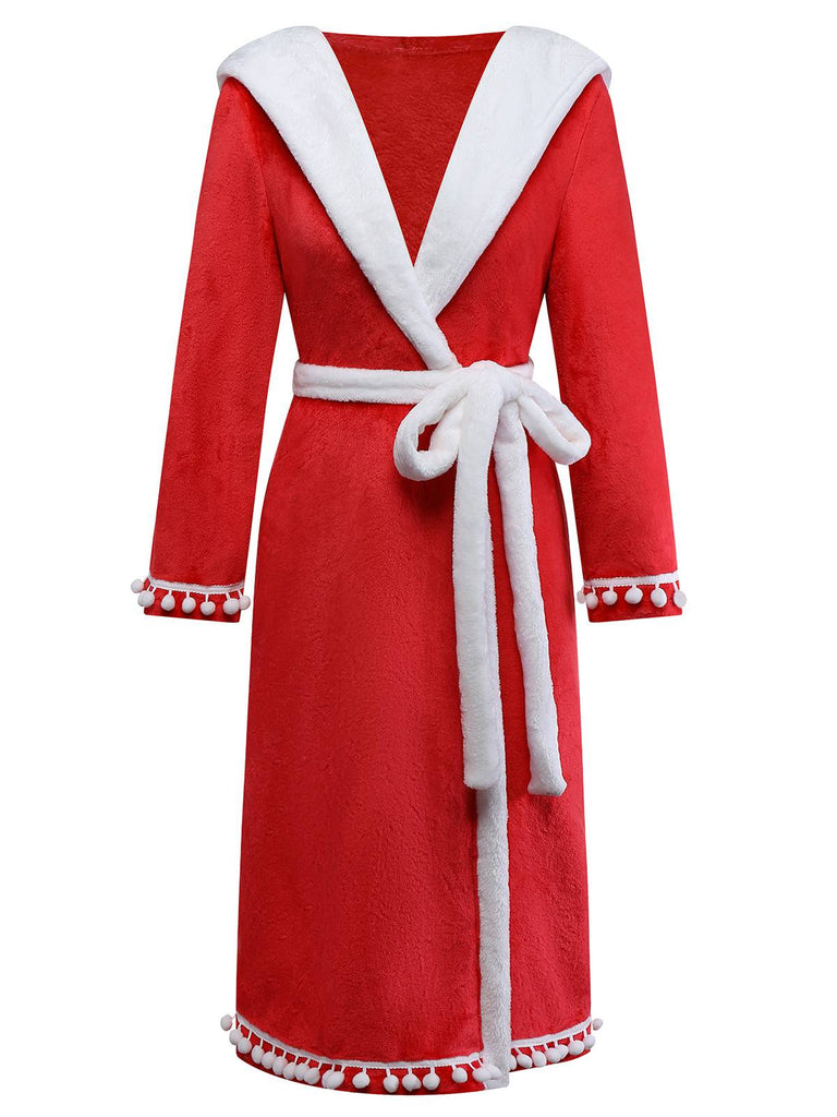 [Prévente] Peignoir à capuche en fausse fourrure Noël rouge et pompons des années 40