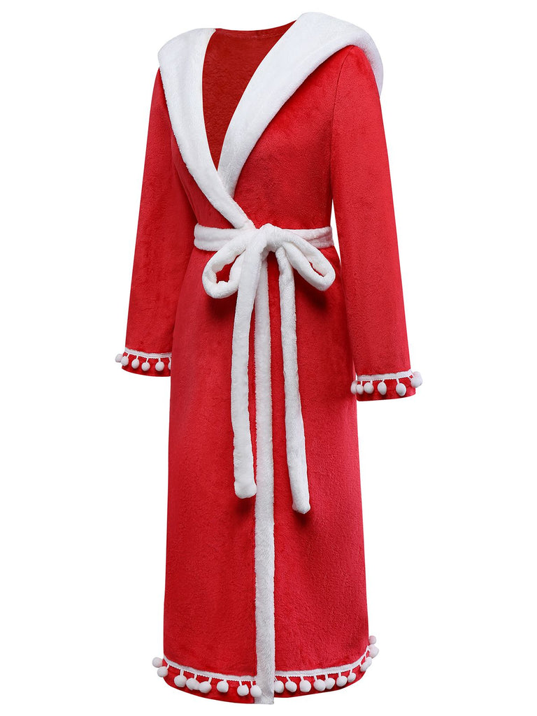 [Prévente] Peignoir à capuche en fausse fourrure Noël rouge et pompons des années 40
