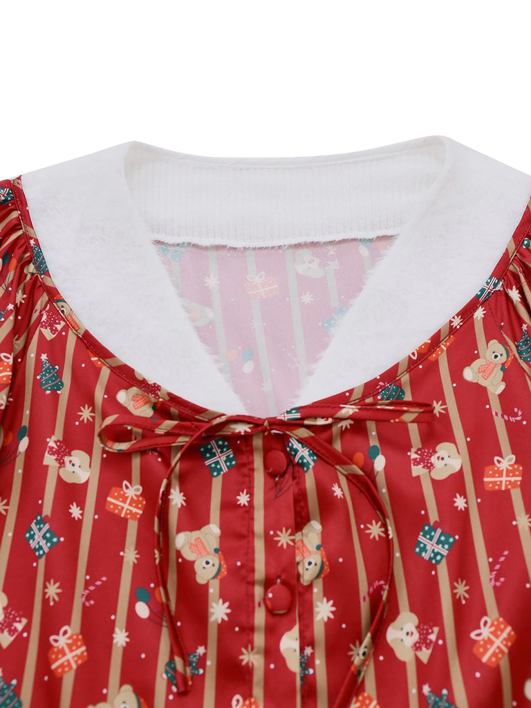 [Pré-vente] Ensemble pyjama rouge à rayures ours en peluche Noël des années 1950