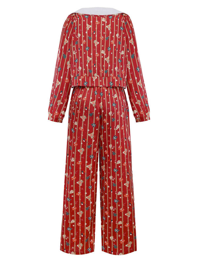 [Pré-vente] Ensemble pyjama rouge à rayures ours en peluche Noël des années 1950