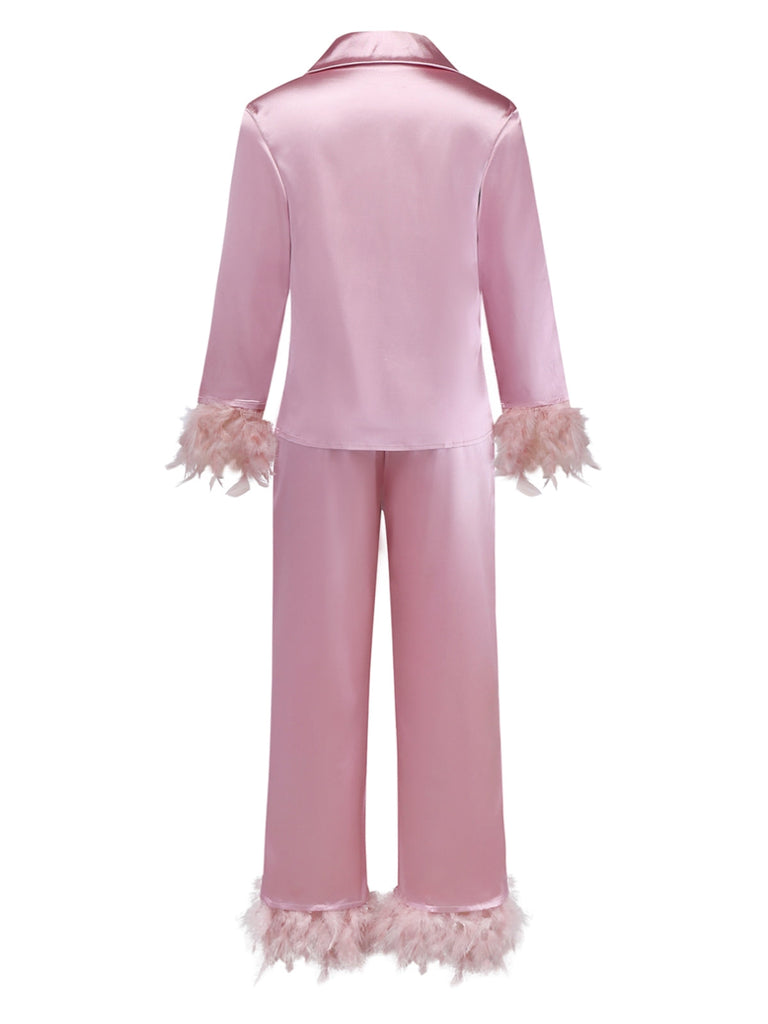 Ensemble pyjama en satin uni à bordure de plumes des années 1930