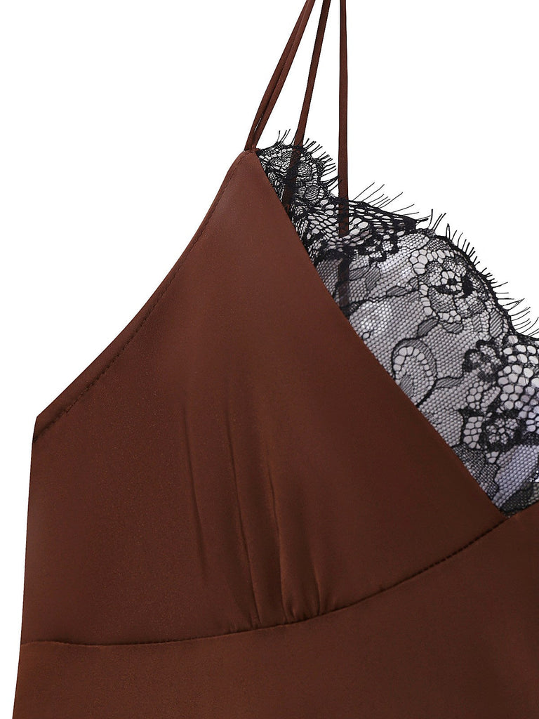 [Prévente] Nuisette en satin et résille marron des années 1960