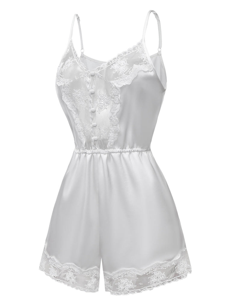[Prévente] Pyjama Romper Camisole Blanc Bordure De Dentelle Années 1960