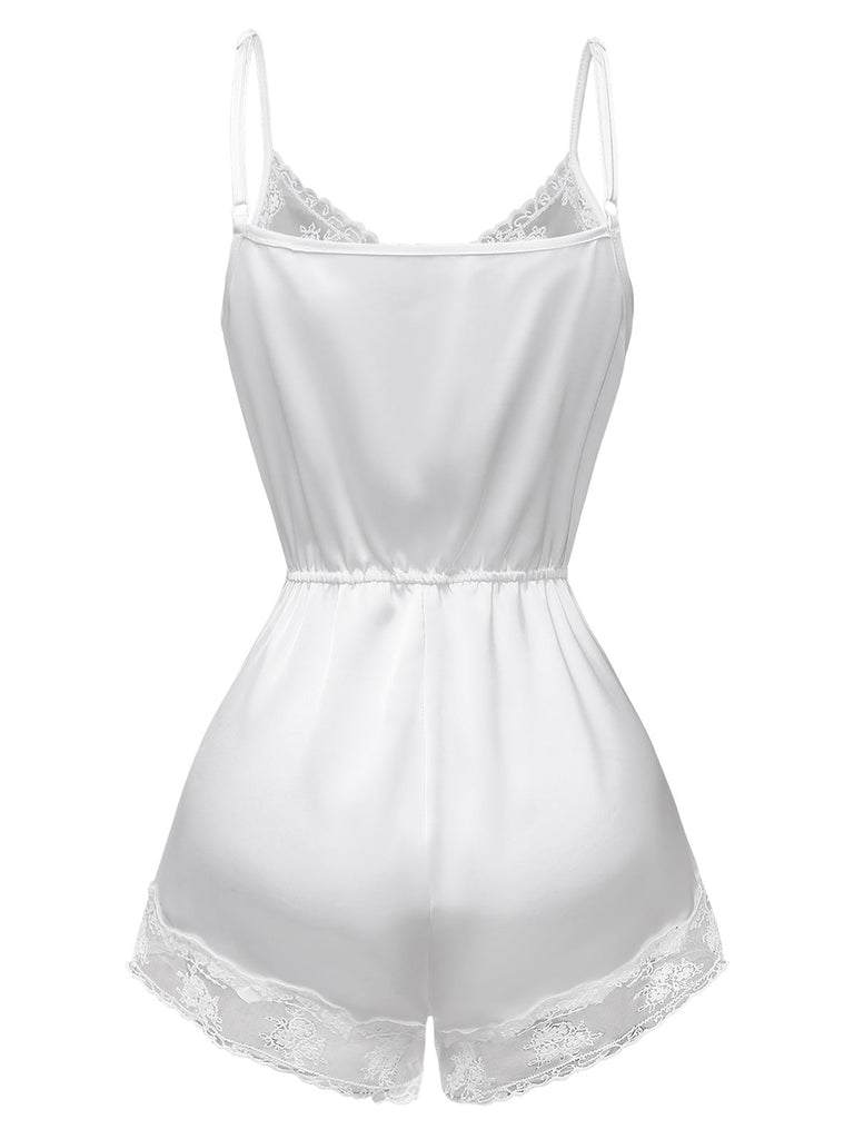 [Prévente] Pyjama Romper Camisole Blanc Bordure De Dentelle Années 1960