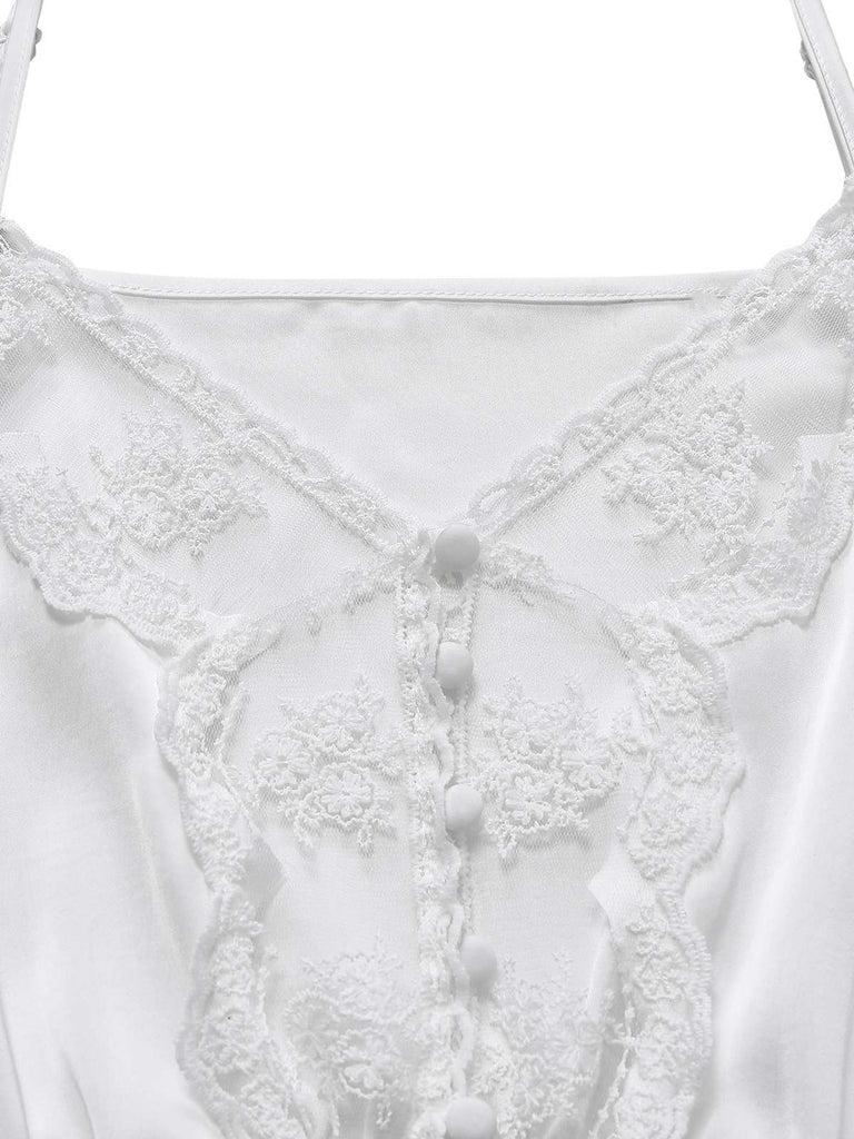 [Prévente] Pyjama Romper Camisole Blanc Bordure De Dentelle Années 1960