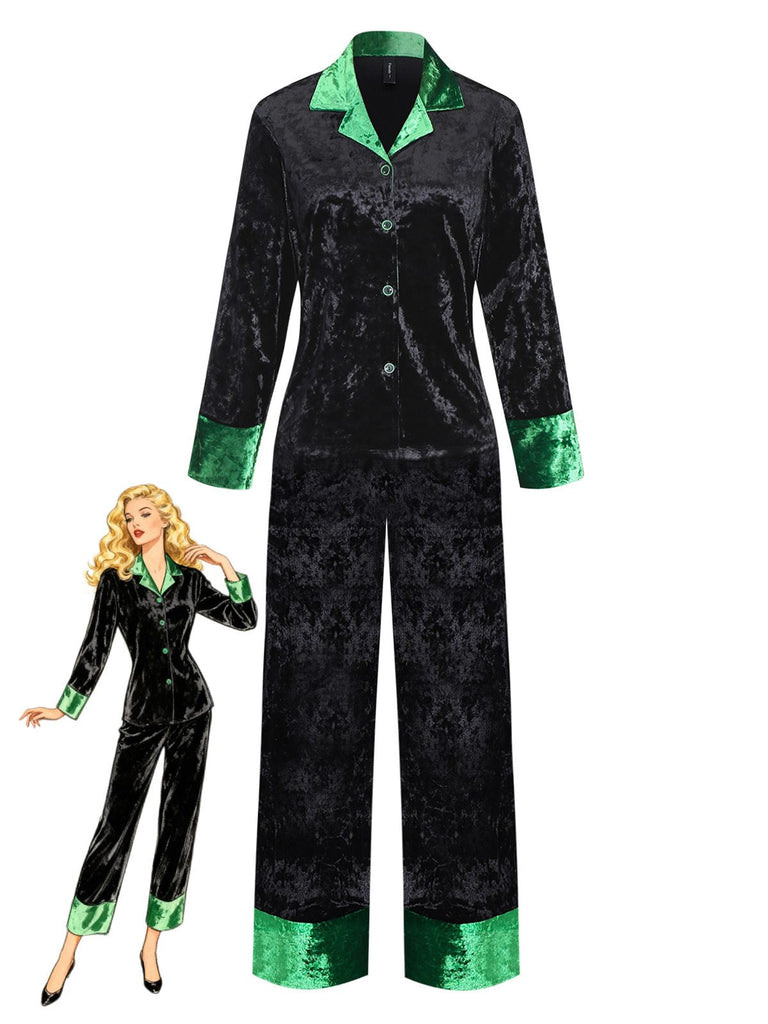 Ensemble pyjama en velours scintillant vert et noir avec col cranté années 1960