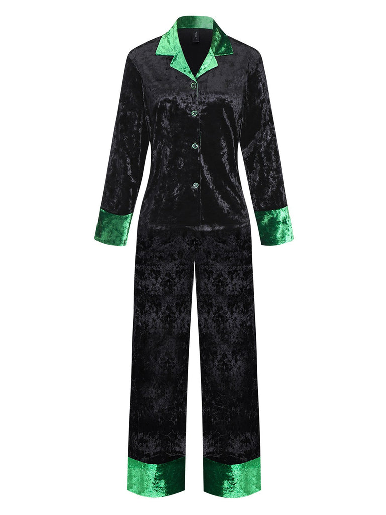 Ensemble pyjama en velours scintillant vert et noir avec col cranté années 1960