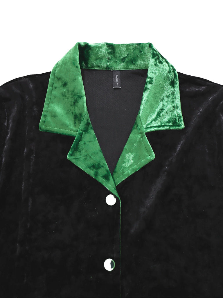 Ensemble pyjama en velours scintillant vert et noir avec col cranté années 1960