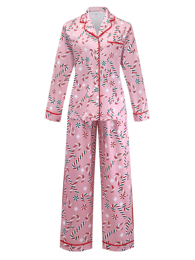 Ensemble pyjama long rose motif canne de Noël des années 1940