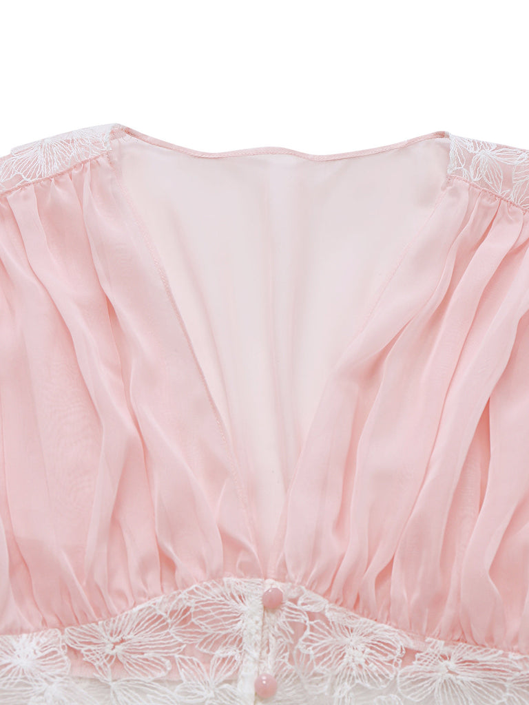 [Prévente] Robe de chambre rose en dentelle plissée et résille taille cintrée années 1930