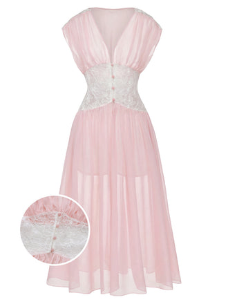 [Prévente] Robe de chambre rose en dentelle plissée et résille taille cintrée années 1930