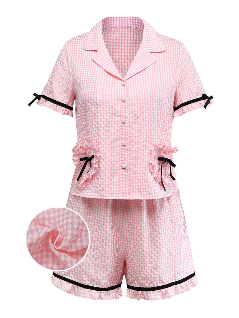 [Prévente] Ensemble pyjama rose carreaux vichy volants et rubans années 50