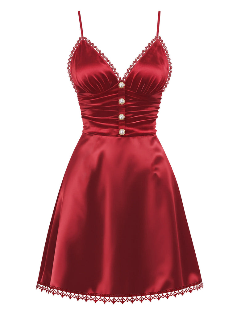 [Prévente] Nuisette en satin et dentelle avec perles à bretelles bordeaux années 60