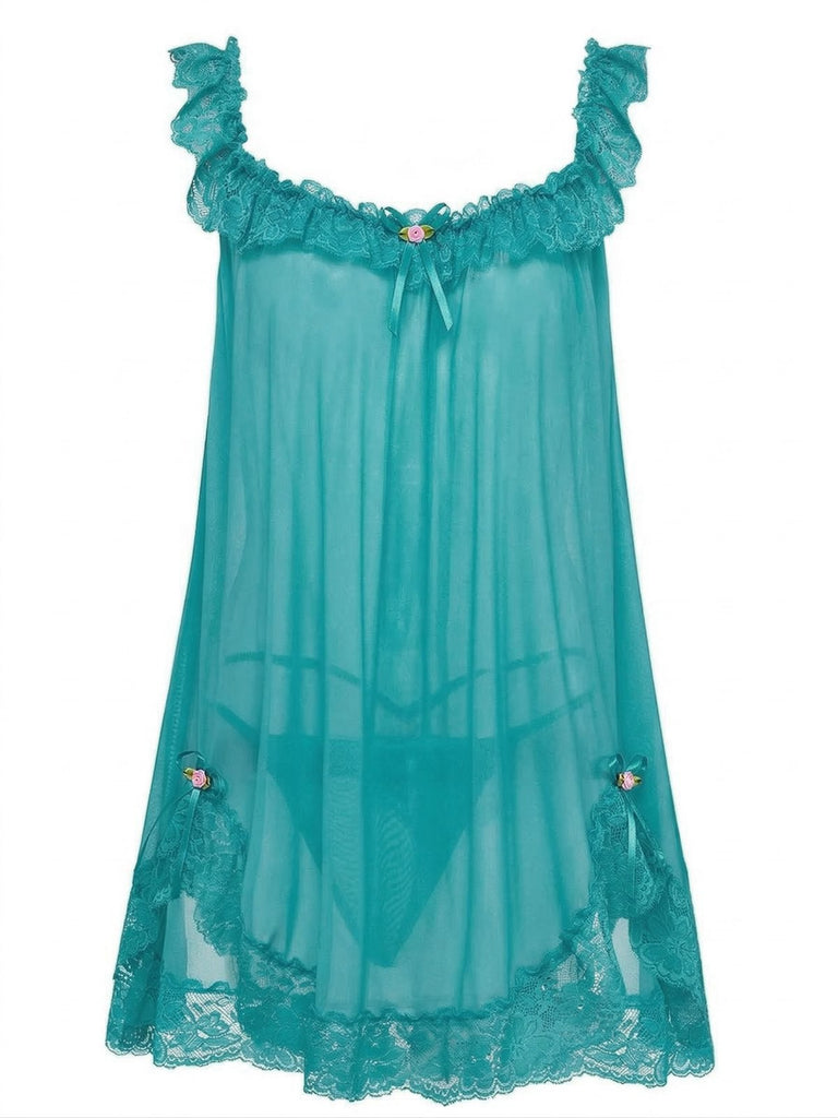 Nuisette babydoll en tulle transparent ornée de dentelle et de nœuds années 1950