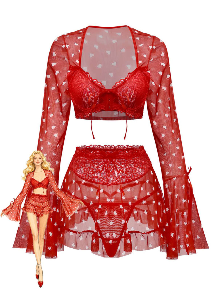 2PCS Pyjama rouge imprimé cœur à volants et nœud pour Valentin années 1960