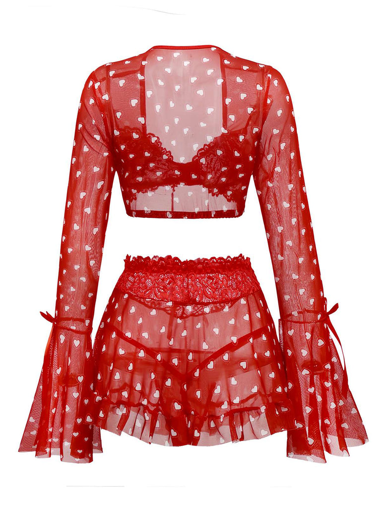 2PCS Pyjama rouge imprimé cœur à volants et nœud pour Valentin années 1960