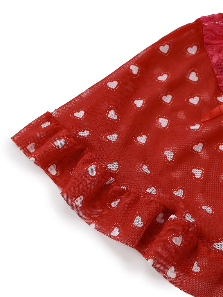 2PCS Pyjama rouge imprimé cœur à volants et nœud pour Valentin années 1960