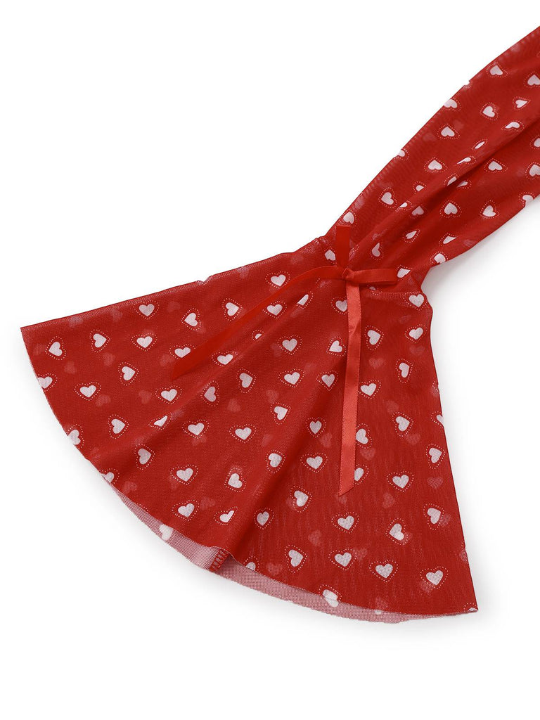 2PCS Pyjama rouge imprimé cœur à volants et nœud pour Valentin années 1960