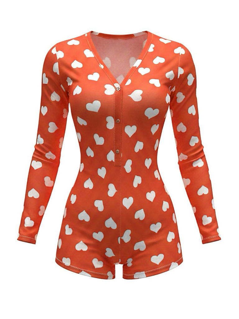 Combinaison pyjama col en V et imprimé cœur années 80