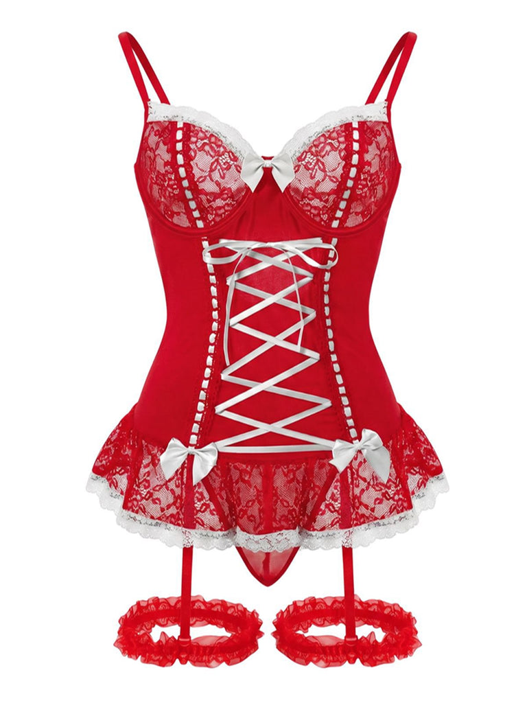 Ensemble de lingerie lacets et nœud en dentelle contrastée années 1970