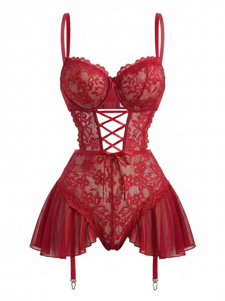 Nuisette en dentelle transparente et résille avec jarretières années 1960