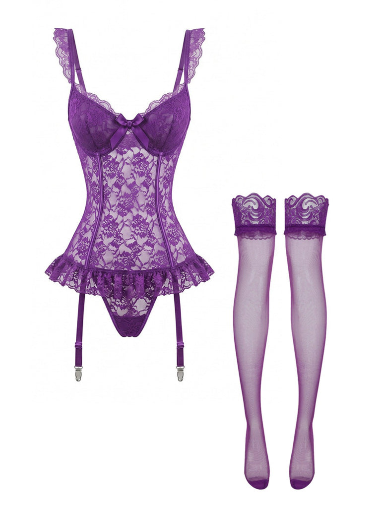 3PCS Ensemble lingerie dentelle violette bas années 1980