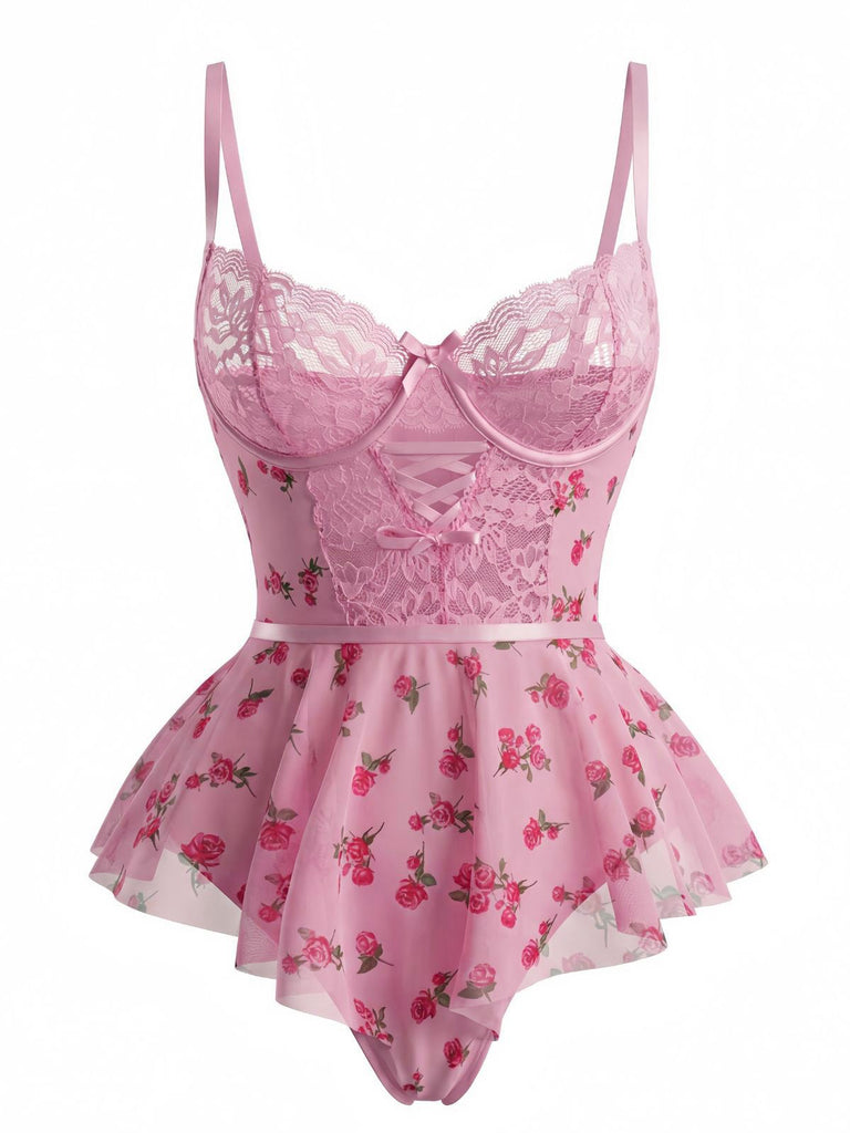 Nuisette rose à nœud en dentelle et roses années 1930