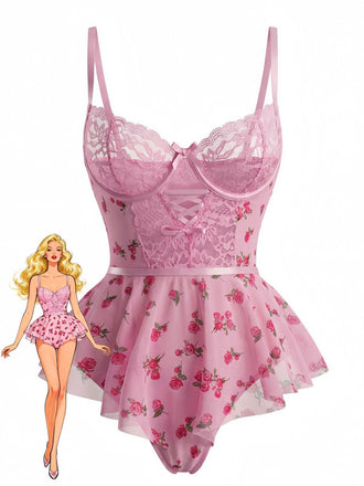 Nuisette rose à nœud en dentelle et roses années 1930