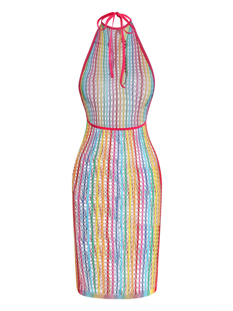 Multicolore Arc-en-Ciel Filet Halter Chemise de Nuit Années 1960 3