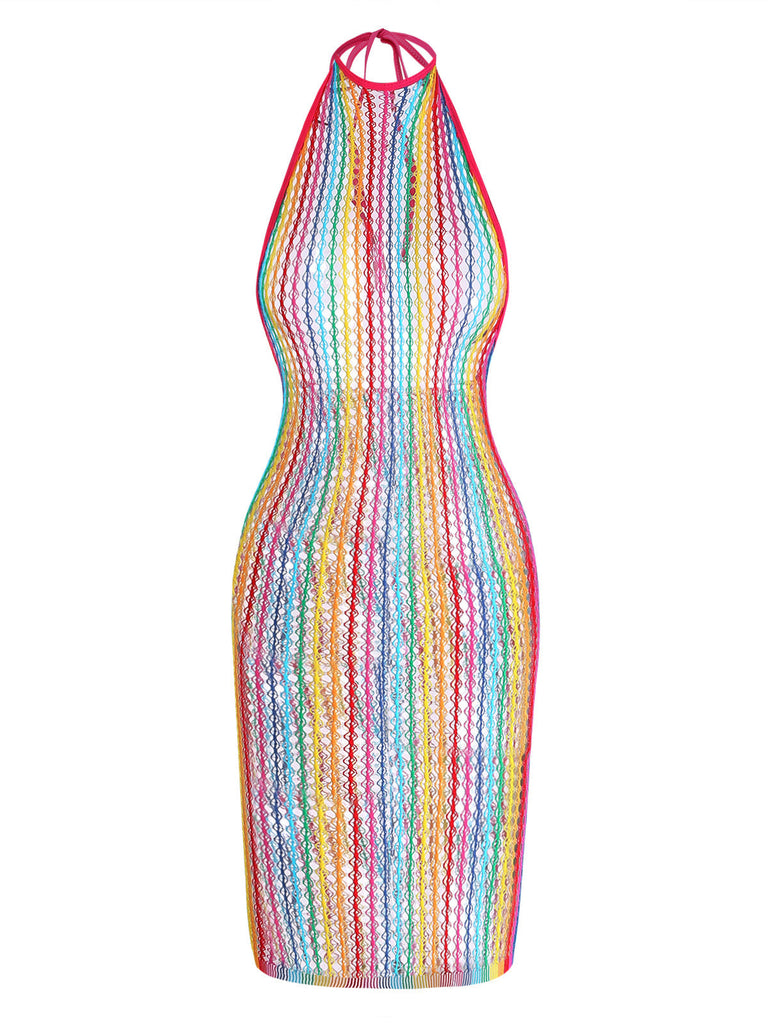 Multicolore Arc-en-Ciel Filet Halter Chemise de Nuit Années 1960 2