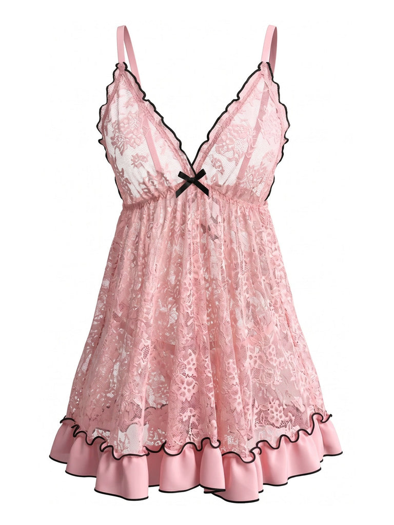 Nuisette Babydoll en Dentelle Transparente à Volants Rose Années 1980 2