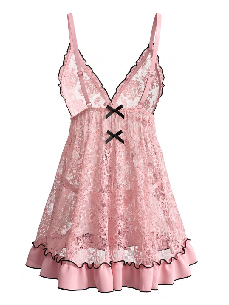 Nuisette Babydoll en Dentelle Transparente à Volants Rose Années 1980 5