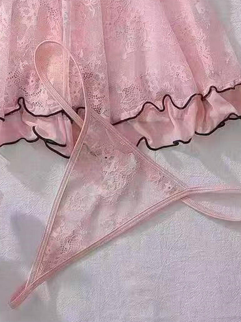 Nuisette Babydoll en Dentelle Transparente à Volants Rose Années 1980 8